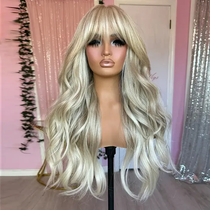 Perruque Lace Front Wig sans colle avec frange, 28 pouces, cheveux humains synthétiques de luxe, fib