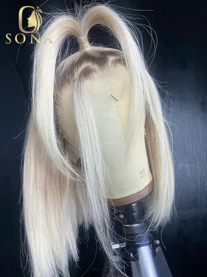 Perruque Bob Lace Front Wig naturelle brésilienne Remy, cheveux lisses, pre-plucked, racines foncées