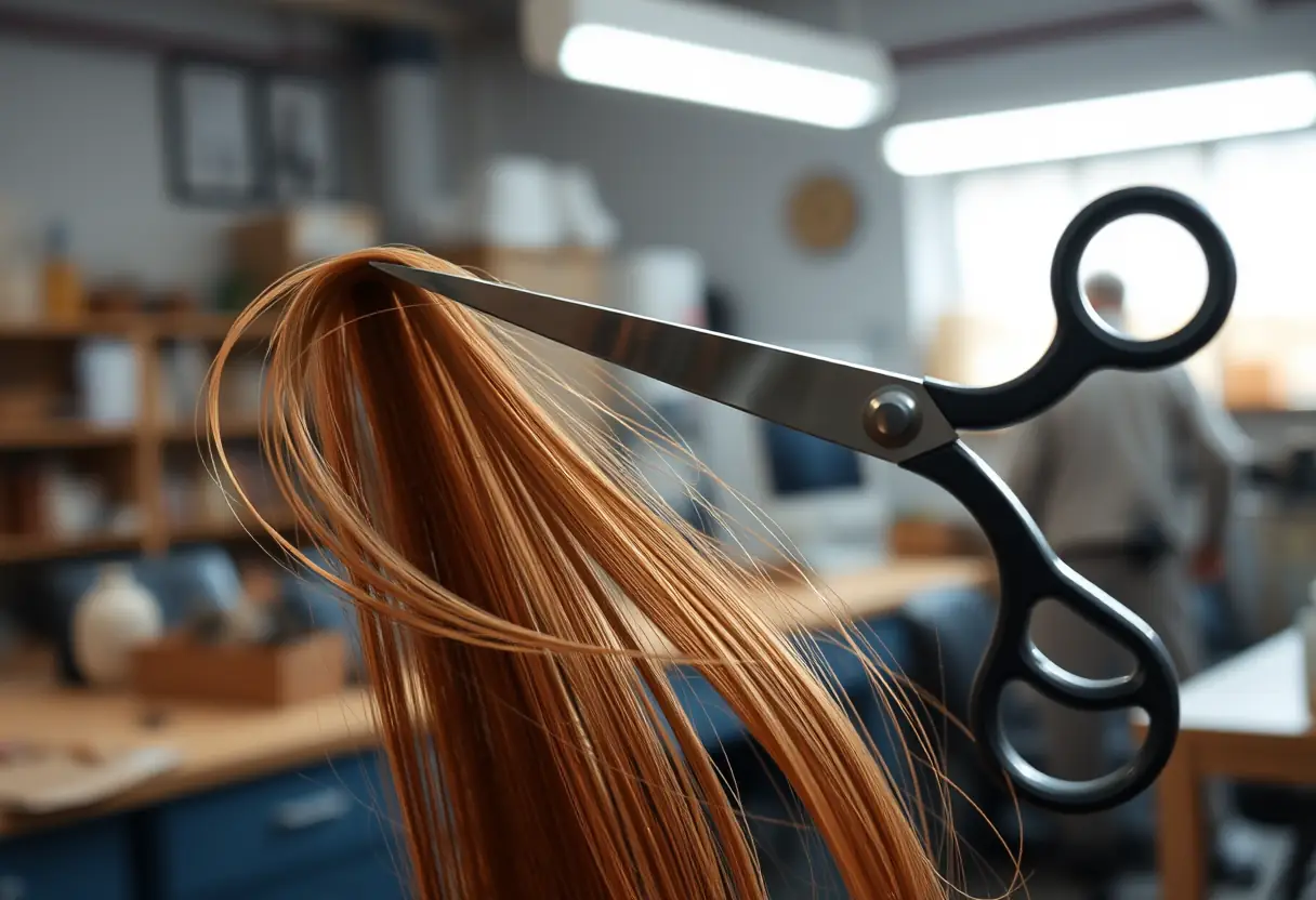 Des ciseaux coupant une mèche de cheveux synthétiques bruns dans un atelier bien éclairé