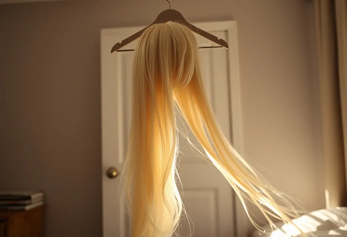 Un chapeau long pendu dans une chambre, ses soies qui brillent