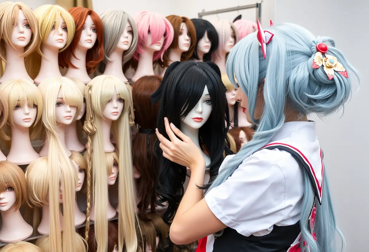 Une cosplayer choisissant une perruque parmi une collection sur une barre de rangement