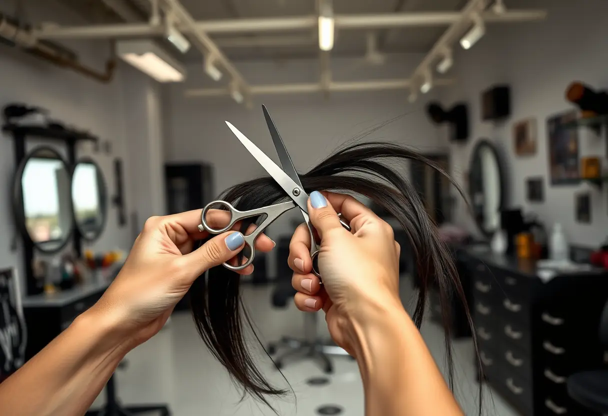 Une main tenant des ciseaux pour couper des cheveux noirs synthétiques, rappelant Cruella