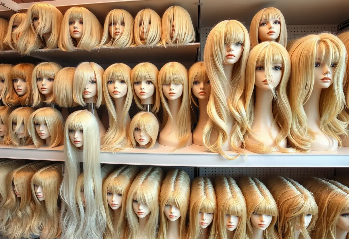 Un rayon de perruques blondes dans un magasin