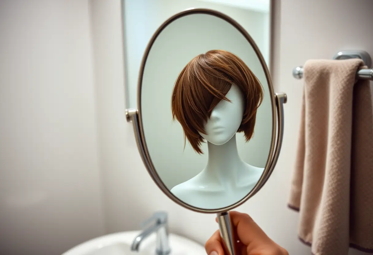 Un miroir reflétant une perruque courte asymétrique dans une salle de bains, éclairée naturellement.