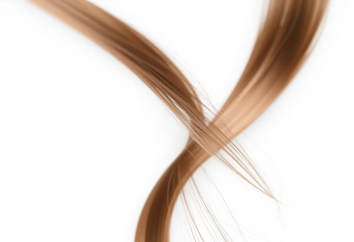 Fil de cheveux synthétiques contre fond blanc, accentuant la texture et l'uniformité de la couleur