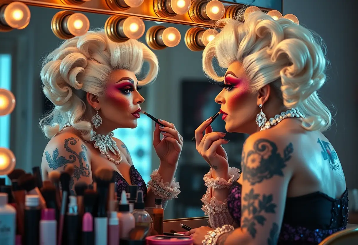 Une drag queen applique soigneusement du maquillage devant un miroir
