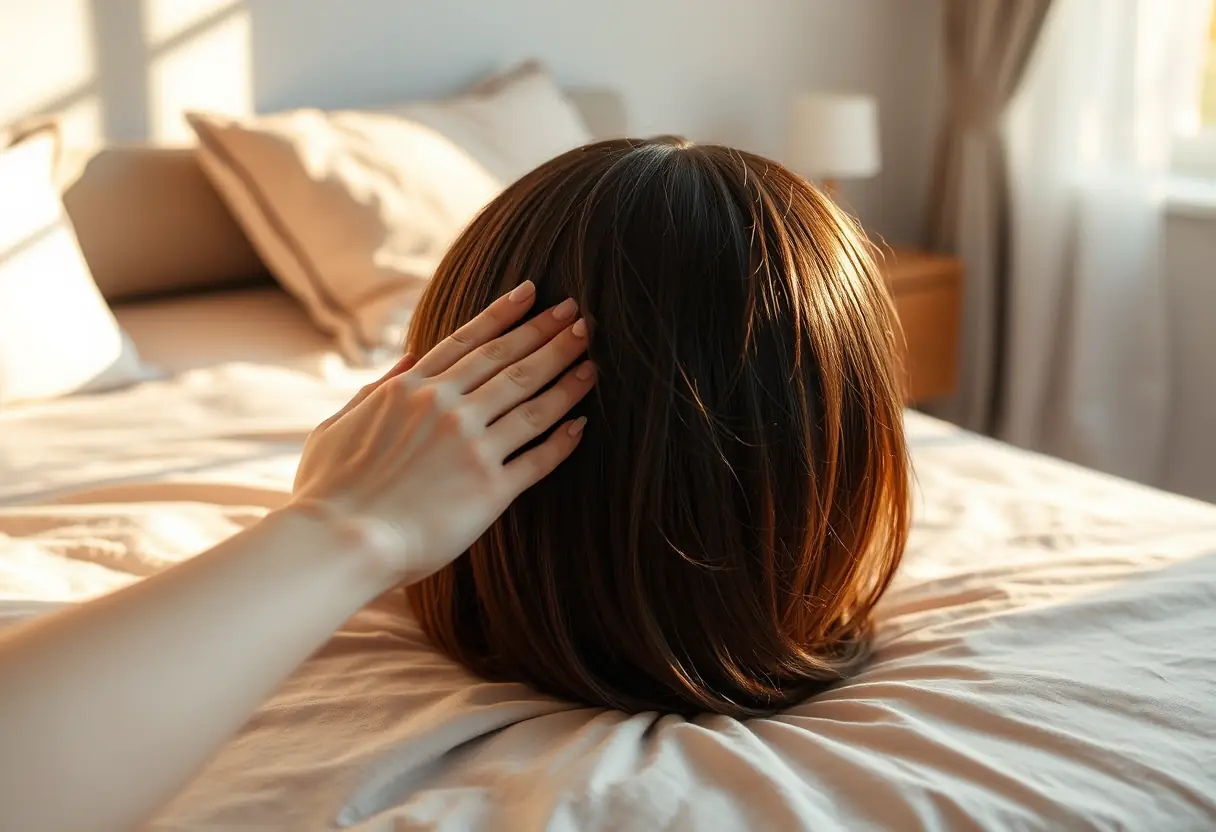 Une main caresse délicatement une perruque courte moderne sur un lit éclairé naturellement