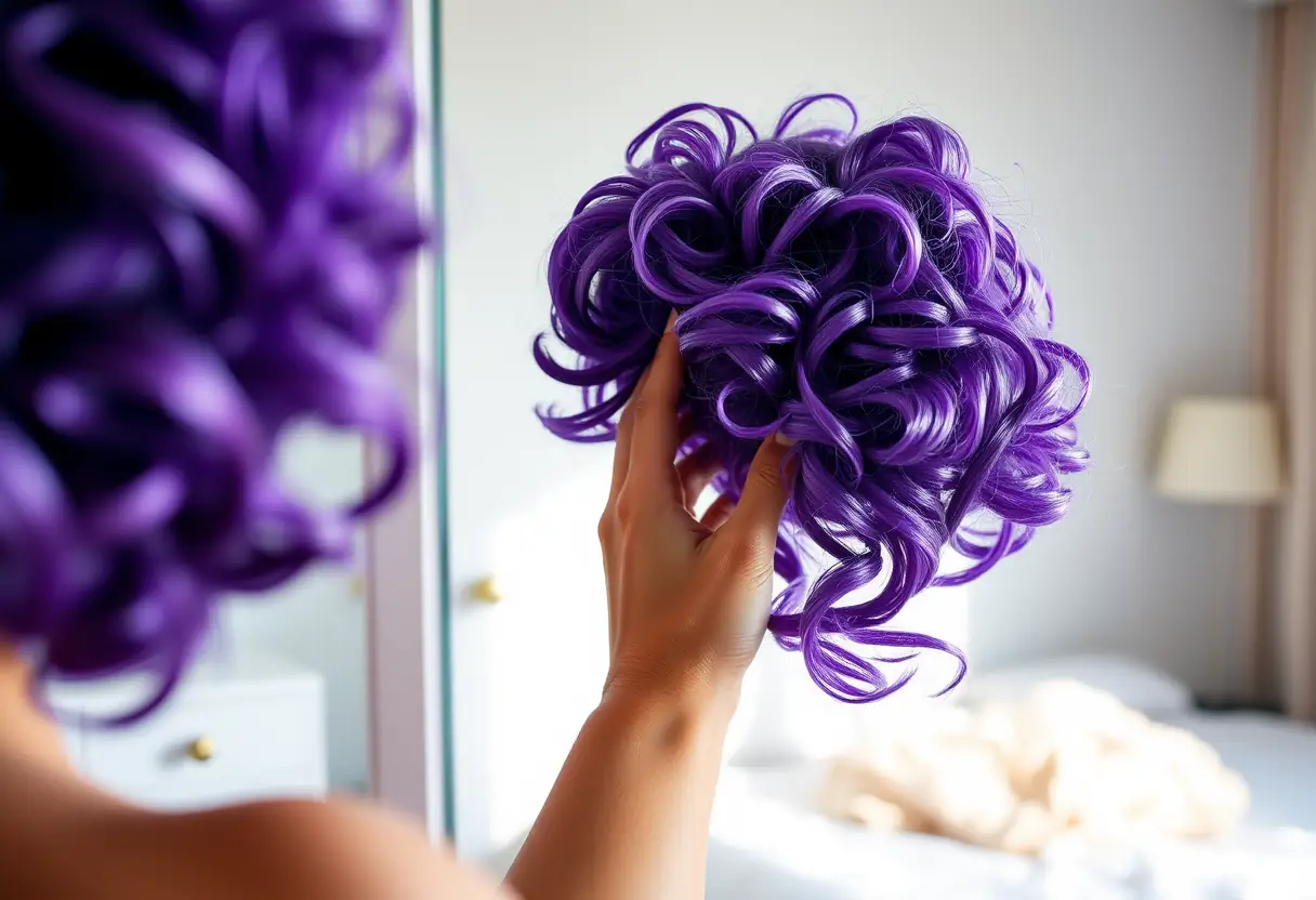 Examen d'une perruque bouclée violette dans une chambre éclairée