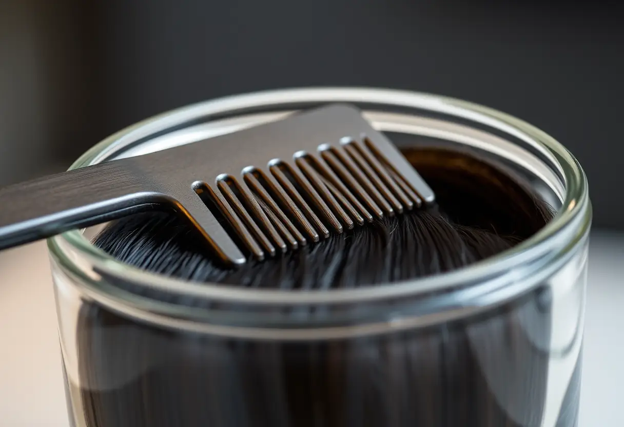 Un peigne délicatement passant dans des cheveux noirs droits dans un conteneur en verre