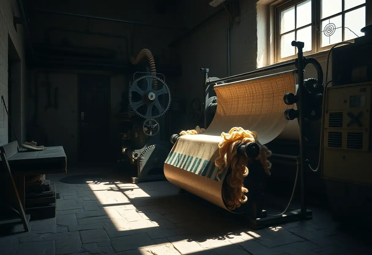 Une machine ancienne traitant un rouleau de tissu bouclé naturel dans une usine européenne historique